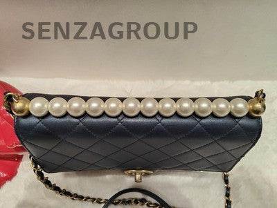 Chanel Blue Quilted Caviar Pearl Chain Shoulder Bag Gold Hardware