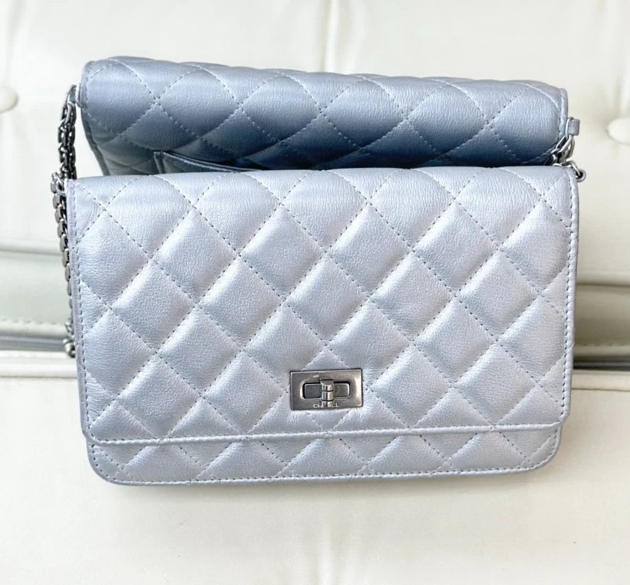 Chanel 2.55 WOC Calfskin Chain Shoulder Bag Crossbody Silver Diamond Women S