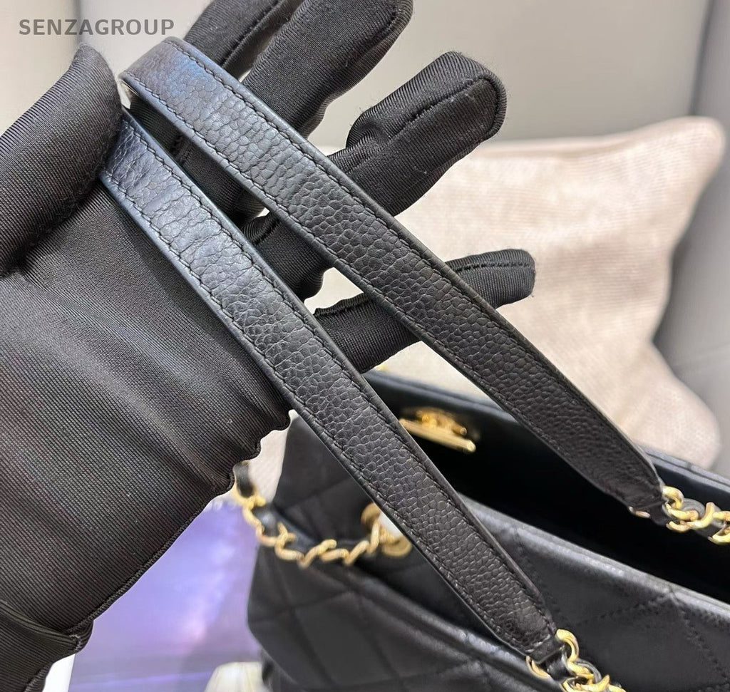 Chanel Diamond Tote Chain Shoulder Bag Black Gold Women Classic CC Logo