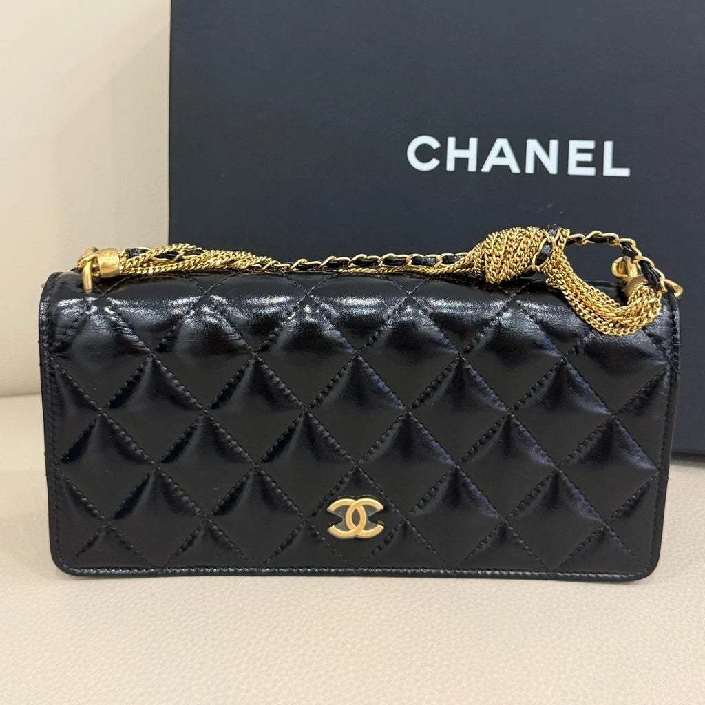 New CHANEL Black Quilted Waxed Leather Twist Chain WOC Crossbody Bag For Women