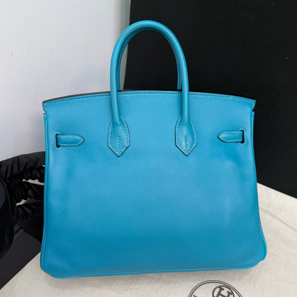 Hermes Birkin25 Evercolor Leather Top Handle Bag Blue Silver Used Women Classic