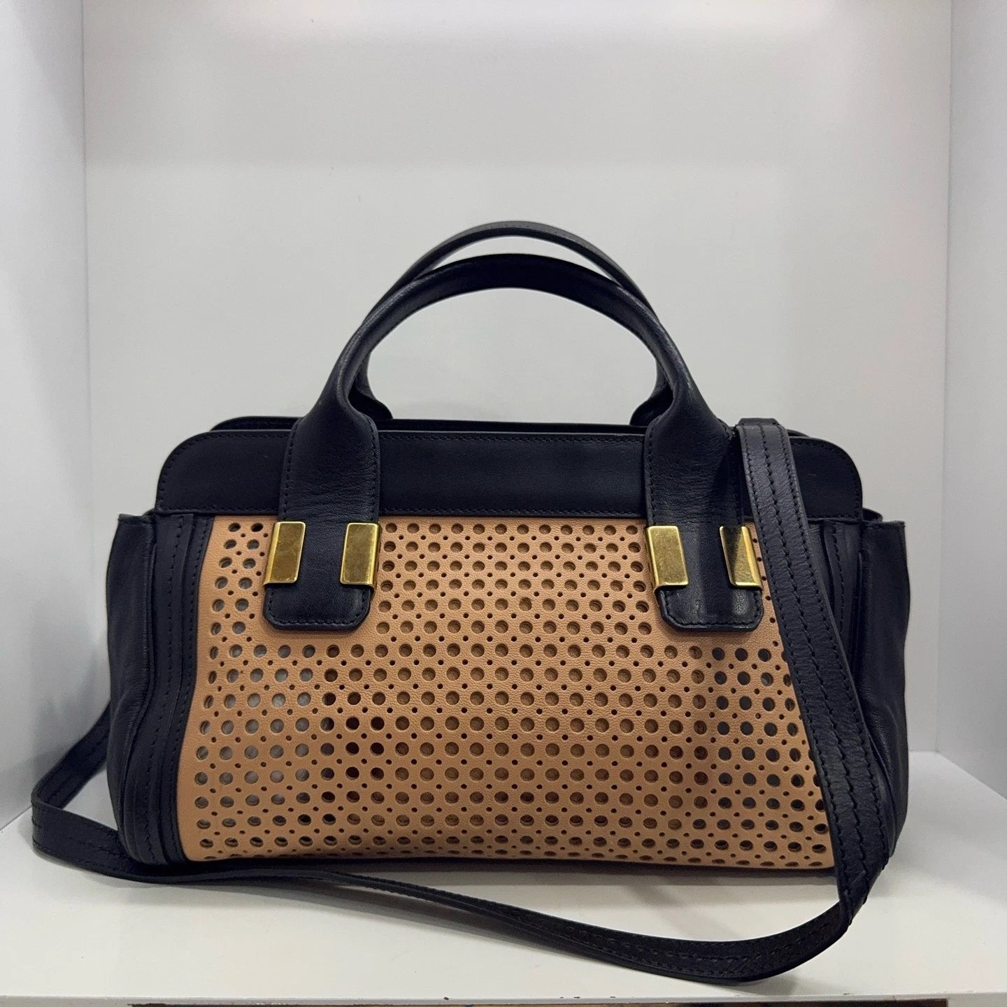 Chloe Women's Brown Black Leather Cutout Handbag Shoulder Crossbody Bag