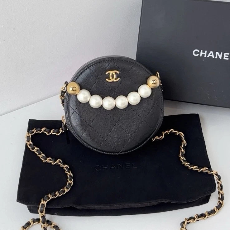 Excellent Chanel Pearl Round Bag Gold Chain Black Shoulder Bag Crossbody