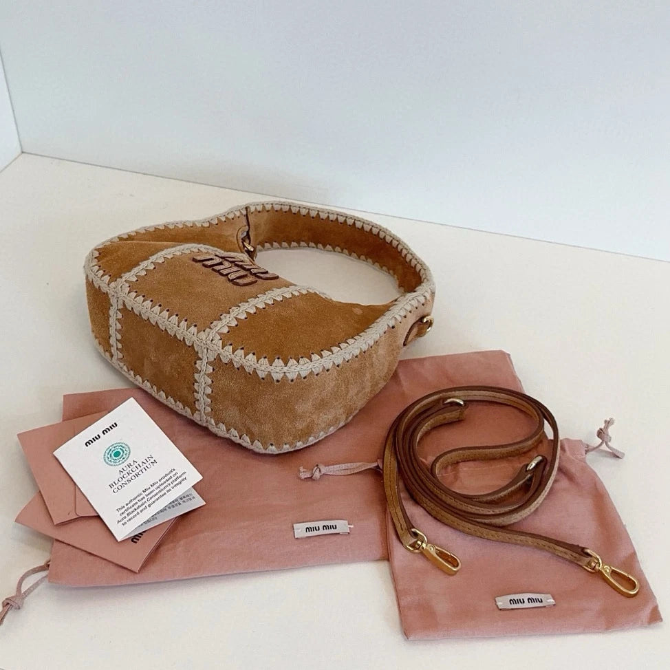 Miu Miu Wander Suede Top Handle Shoulder Bag Brown Gold Women Classic