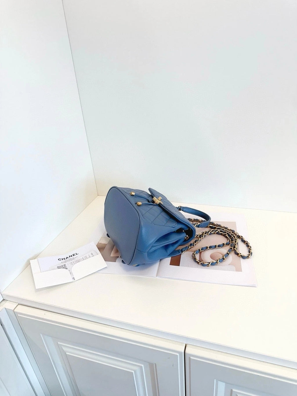 CHANEL Dusty Blue Gold Chain Backpack For Women