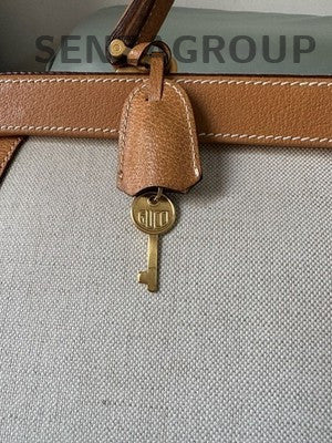 Gucci Vintage Canvas Leather Tote Bag Beige Orange Gold Women Fashion