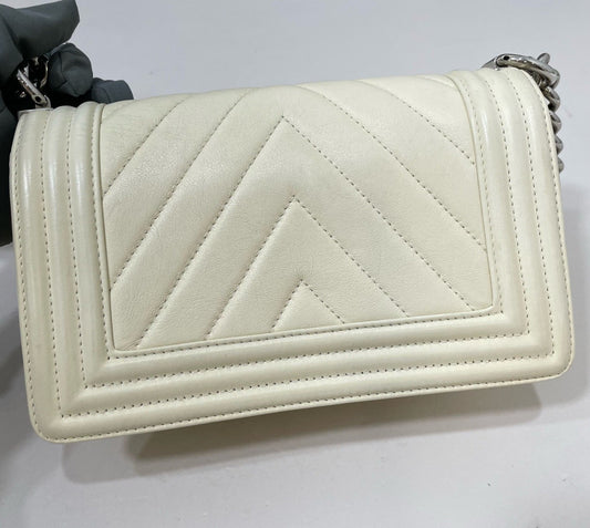 Chanel Leboy PM Chain Shoulder Bag White Silver Women Classic Fashion