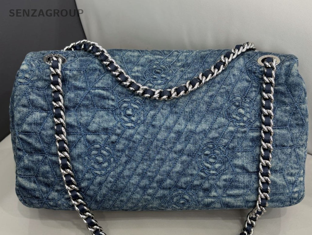 Chanel Classic Flap Denim Chain Shoulder Bag Blue Silver Women Designer