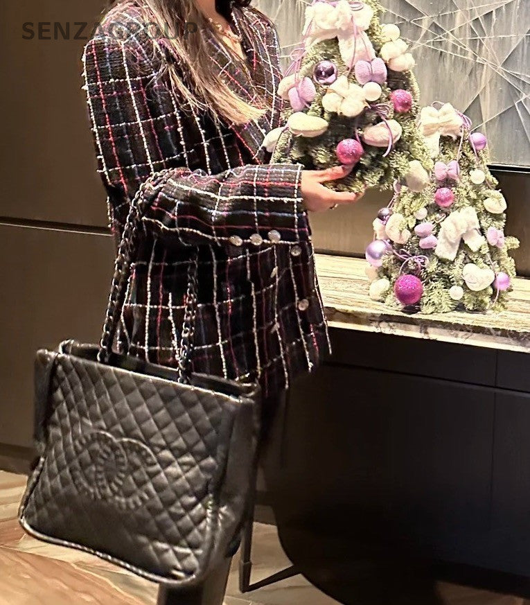 CHANEL CC Logo Black Diamond pattern Shoulder Handbag tote Women