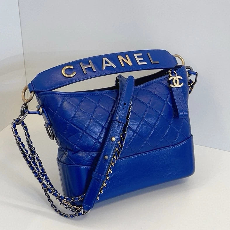 Chanel Gabrielle MM Chain Top Handle Shoulder Crossbody Blue Gold Women Classic