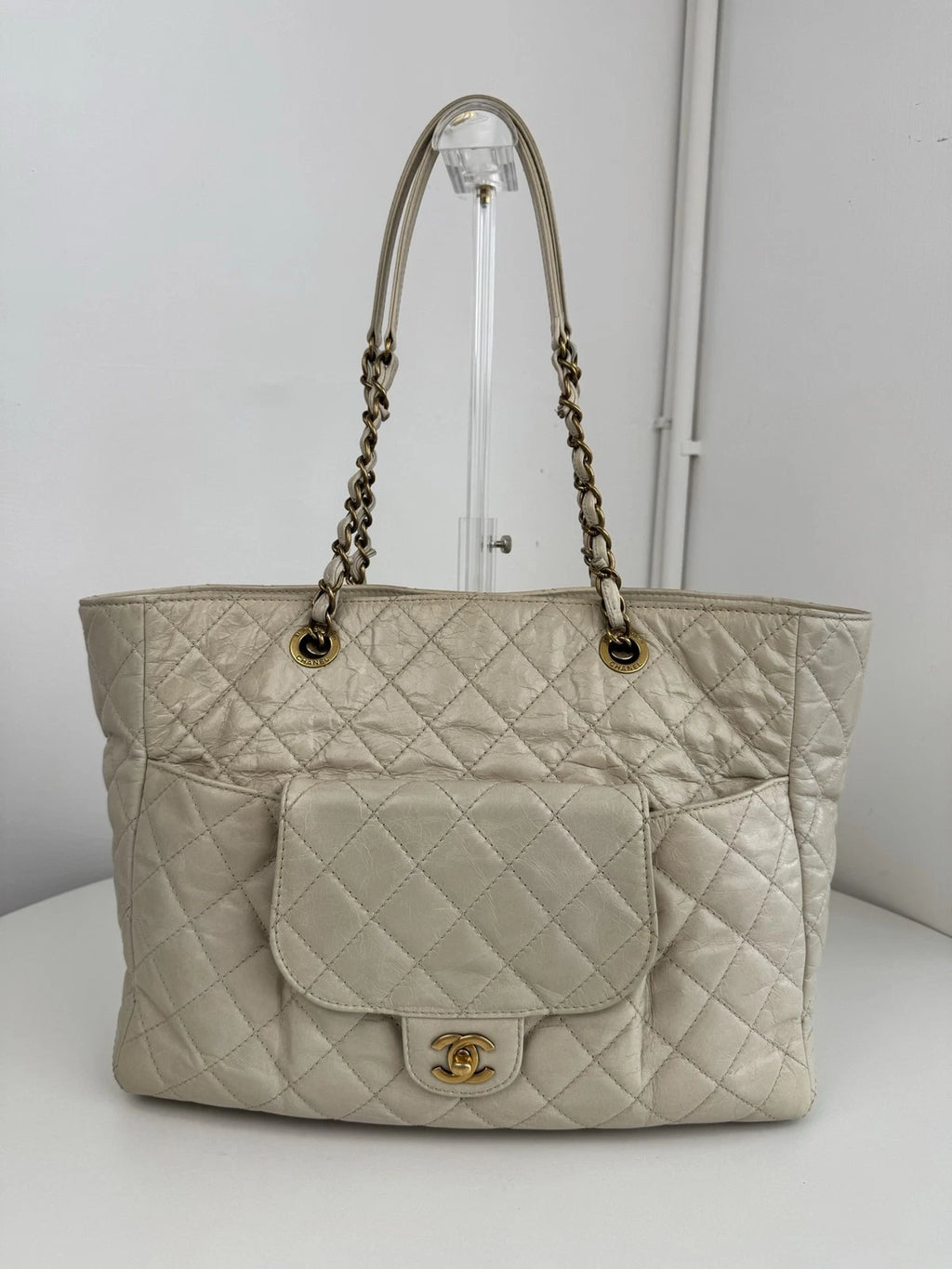 Chanel Tote Beige Chain Shoulder Bag Gold Hardware Women Fashion