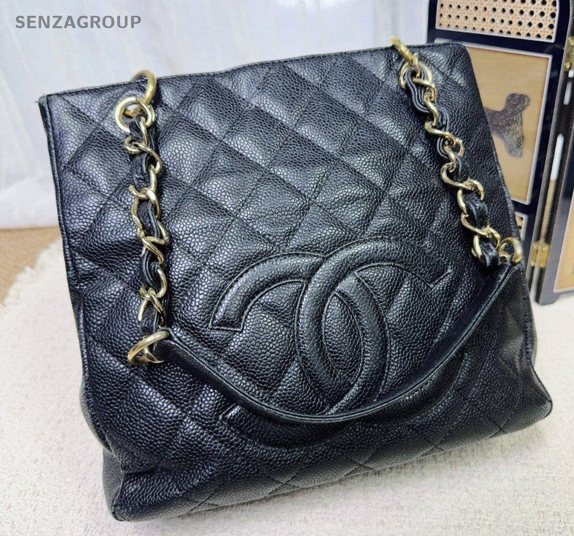 Chanel PST Calfskin Tote Chain Shoulder Bag Black Gold Women Classic Diamond