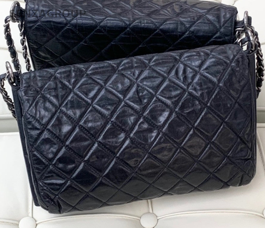 Chanel Leboy Calfskin Chain Shoulder Bag Black Silver Diamond Women Classic