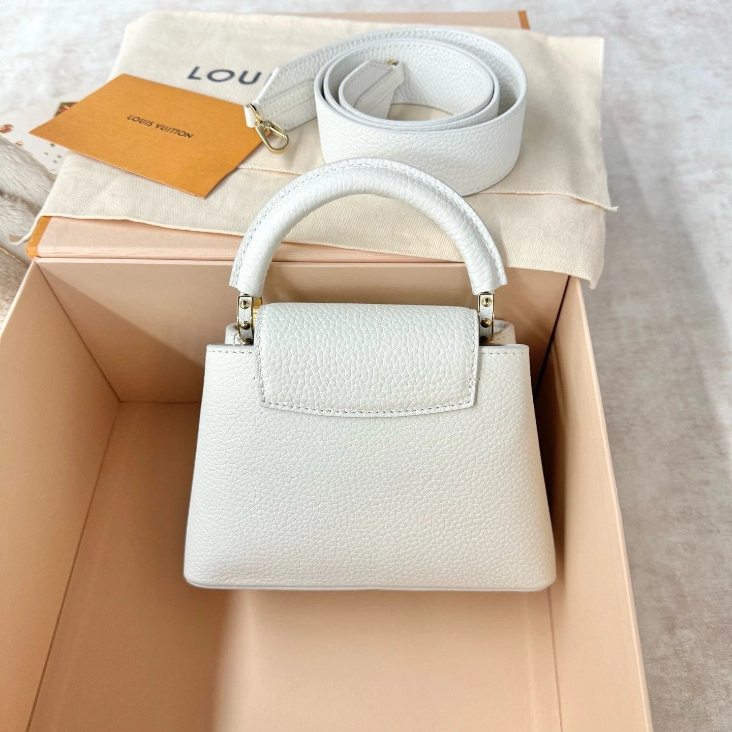 New Louis Vuitton Calfskin Capucines Mini Bag For Women White Gold