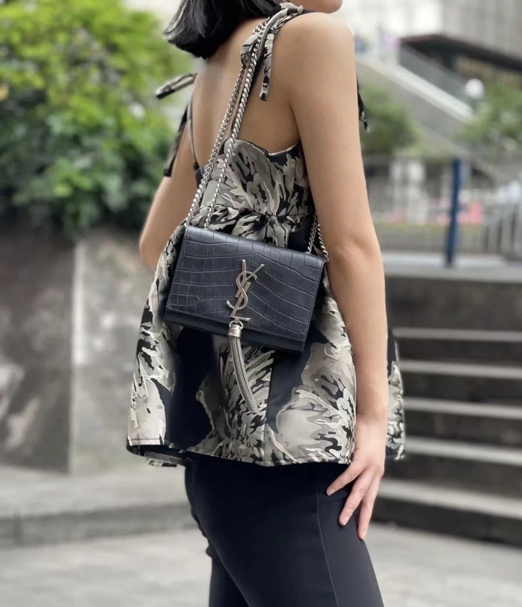 YSL Mini Croc Embossed Black Silver Chain Shoulder Bag For Women