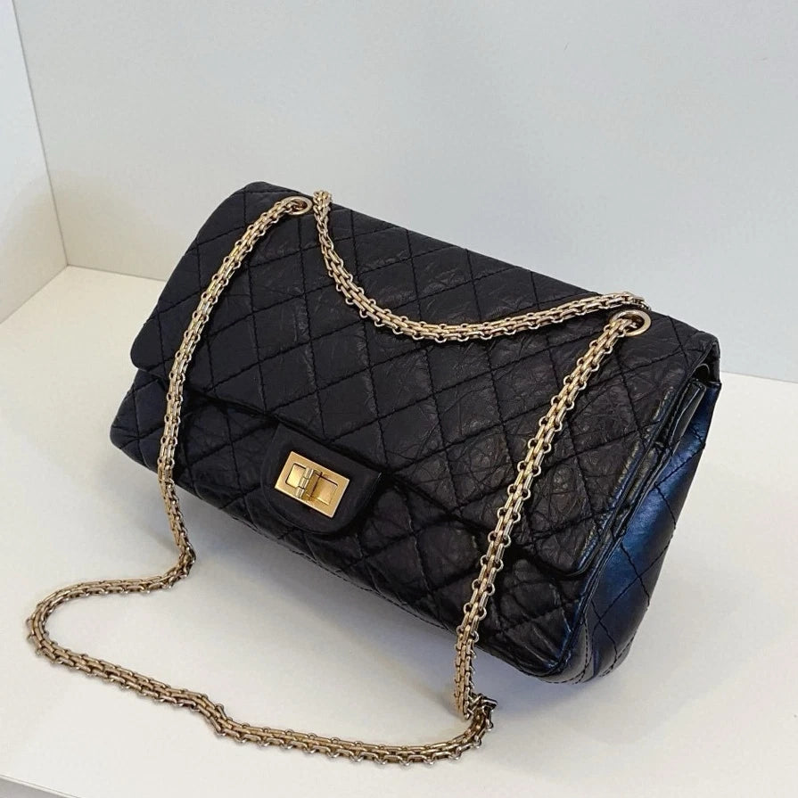 Chanel 2.55 Chain Shoulder Crossbody Black Gold Diamond Women Classic