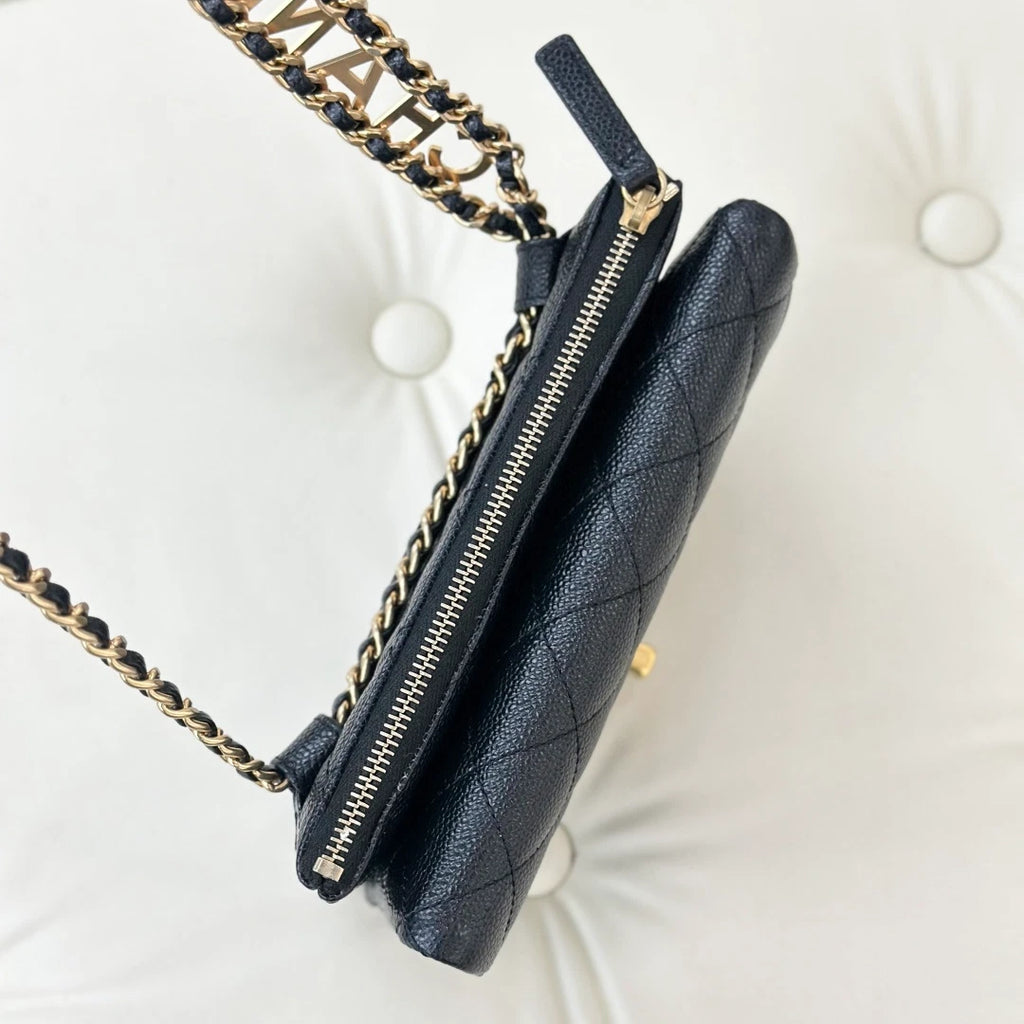 Chanel Diamond Calfskin Chain Crossbody Black Gold Women Classic S