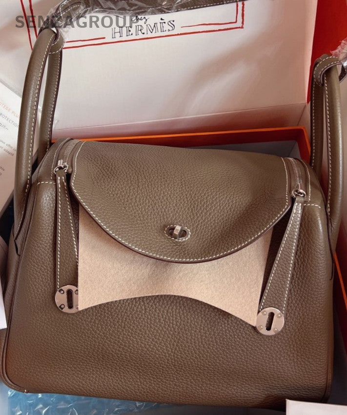 Hermes Lindy30 TC Leather Shoulder Bag Gray Silver Used Women Classic