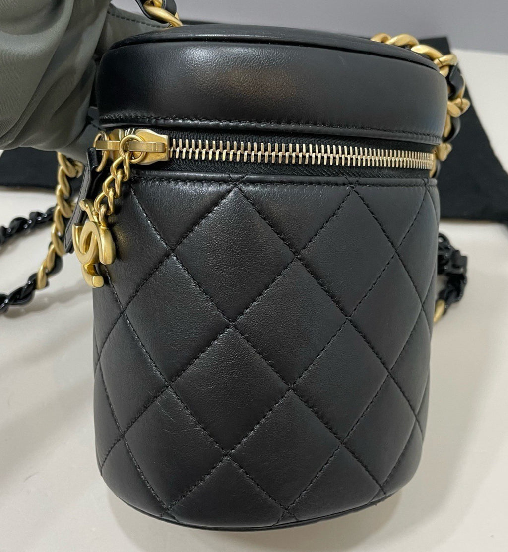 Chanel Diamond Chain Lambskin Cylinder Bag Crossbody Black Gold Women Classic