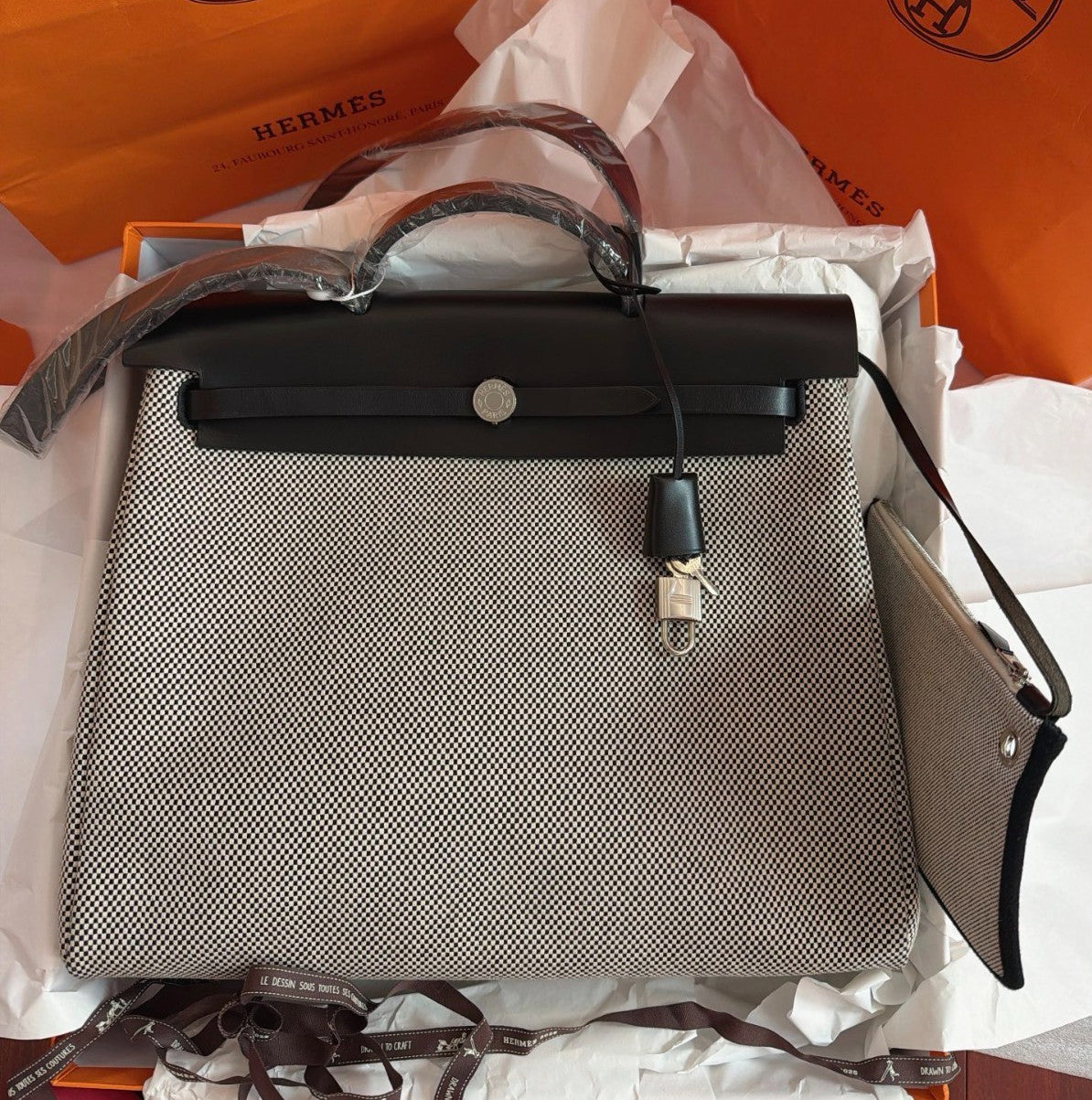 Hermes Herbag39 Top Handle Shoulder Bag Crossbody Gray Black Unisex Adults