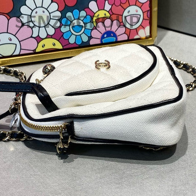 Chanel Mini White Gold Canvas & Calfskin Chain Shoulder Crossbody Clutch Bag