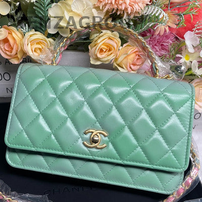 CHANEL 23P Rainbow Handle Green Lambskin WOC Chain Shoulder Bag