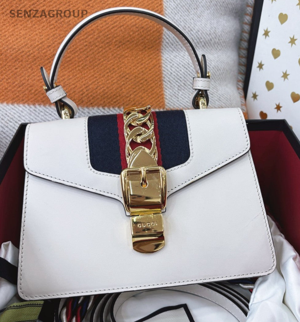 GUCCI Sylvie PM Top Handle  2WAY Shoulder Handbag White Gold Women