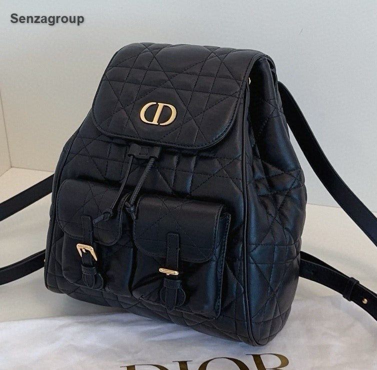 Christian Dior Caro MM Backpack Black Gold Used Women Classic Fashion