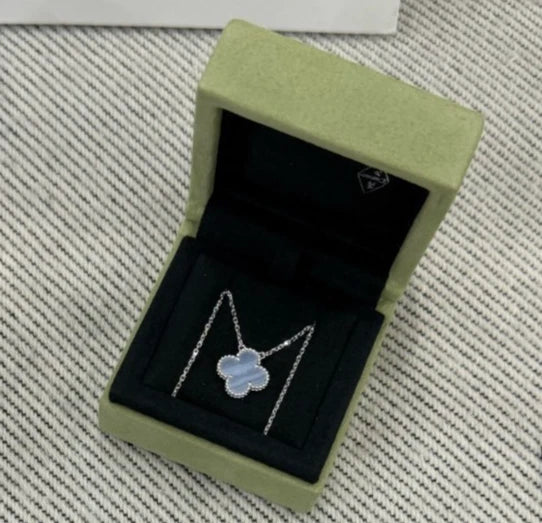 New Van Cleef &amp; Arpels Vintage Alhambra 18K White Gold Necklace Chalcedony