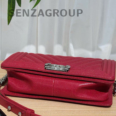 Chanel Red Silver Medium Le Boy Chain Shoulder Crossbody Bag