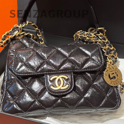 Chanel 23B Black Gold Small Shoulder Crossbody Bag Quilted Classic