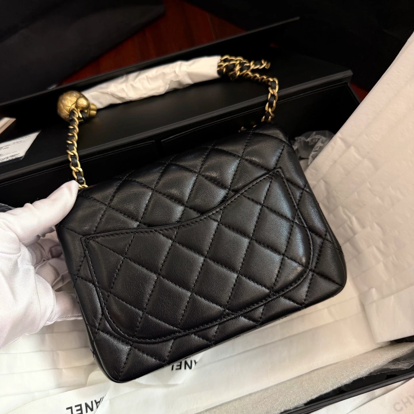 Chanel Classic Flap Chain Shoulder Bag Crossbody Black Gold Diamond Women