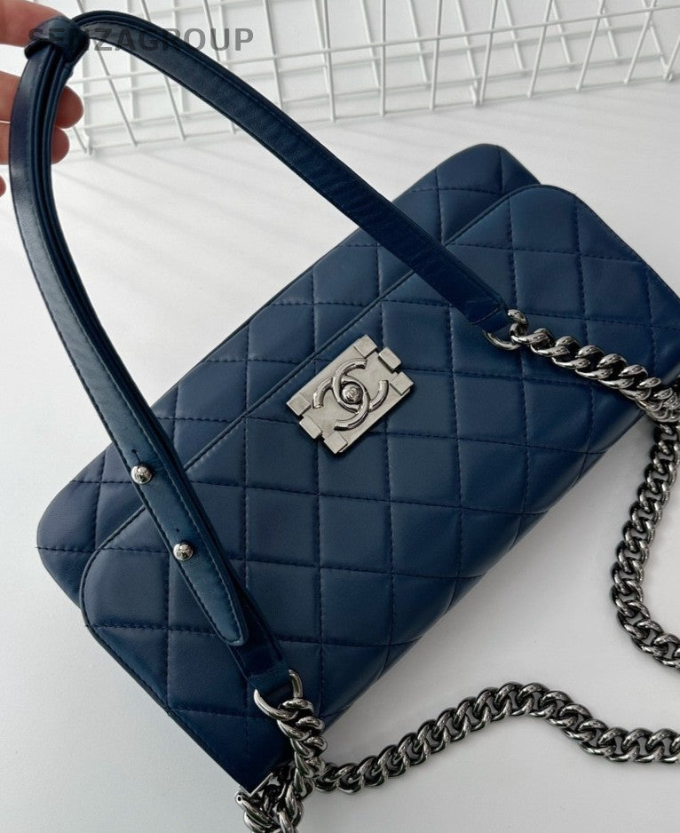 CHANEL Leboy Calfskin Chain Shoulder bag Crossbody Women Blue Silver