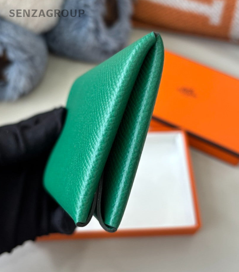 Hermes Calvi Card Case Green Epsom Leather Purse