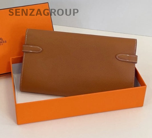 Hermes kelly Epsom Leather long Wallet Crossbody Brown Silver Women