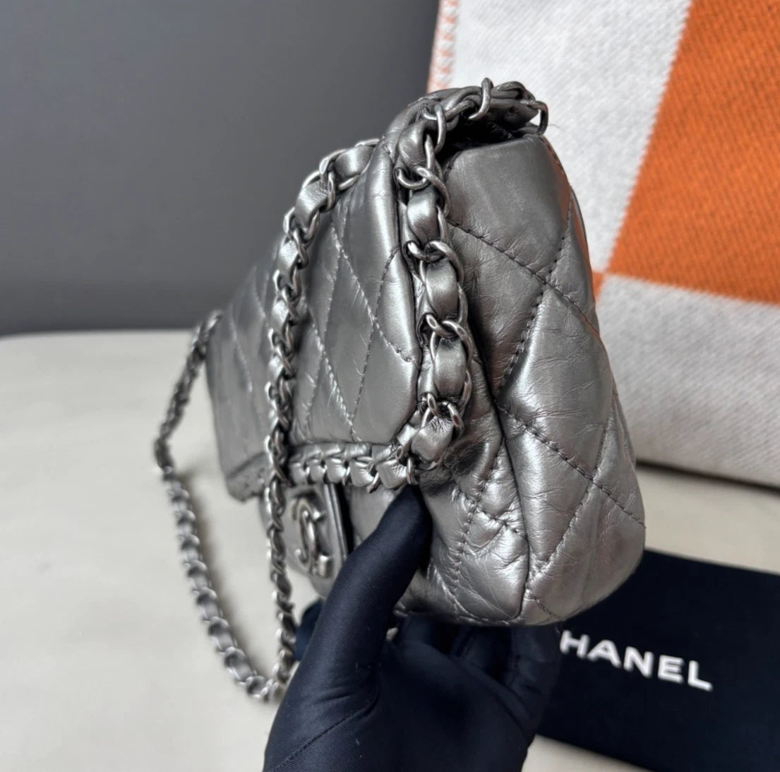Chanel Classic Flap Calfskin Chain Shoulder Bag Silver Women