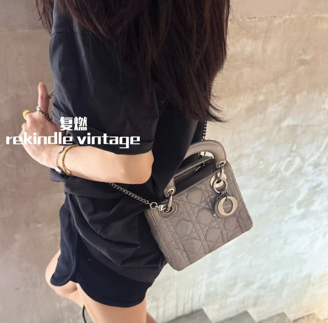 Christian Dior Lady Top Handle 2way Chain Shoulder Handbag Grey Women