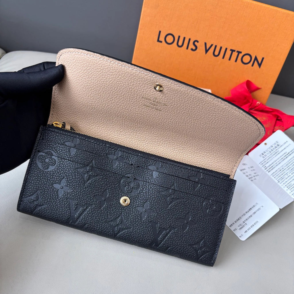Excellent Louis Vuitton Emilie Wallet Calfskin Long Wallet Black Gold Hardware