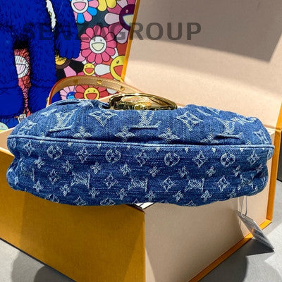 Louis Vuitton Denim Pochette Hobo Bag Blue Gold Print Women's Classic