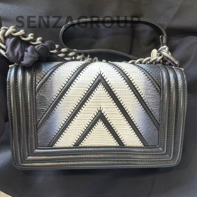 Chanel Le Boy Small V-Stitch Lizard Skin Black Silver Chain Shoulder Bag
