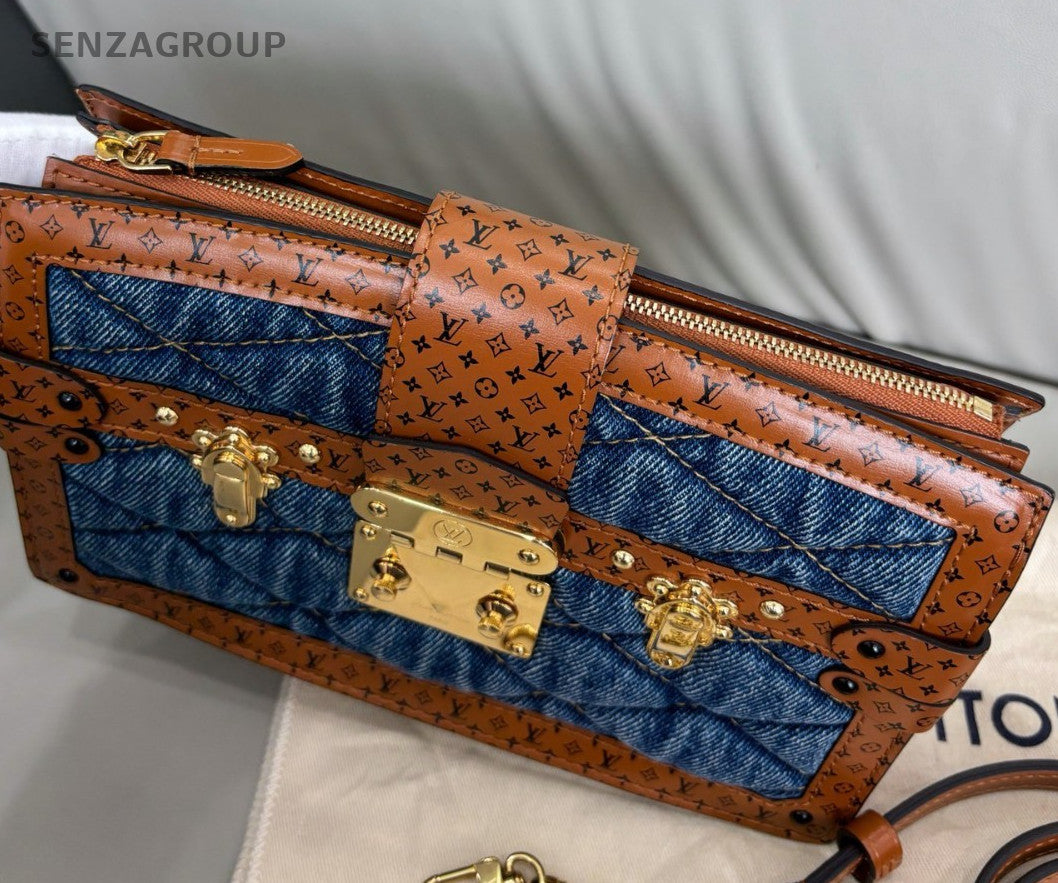 Louis Vuitton Trunk Clutch Chain Shoulder Bag Blue Gold Women Classic Fashion