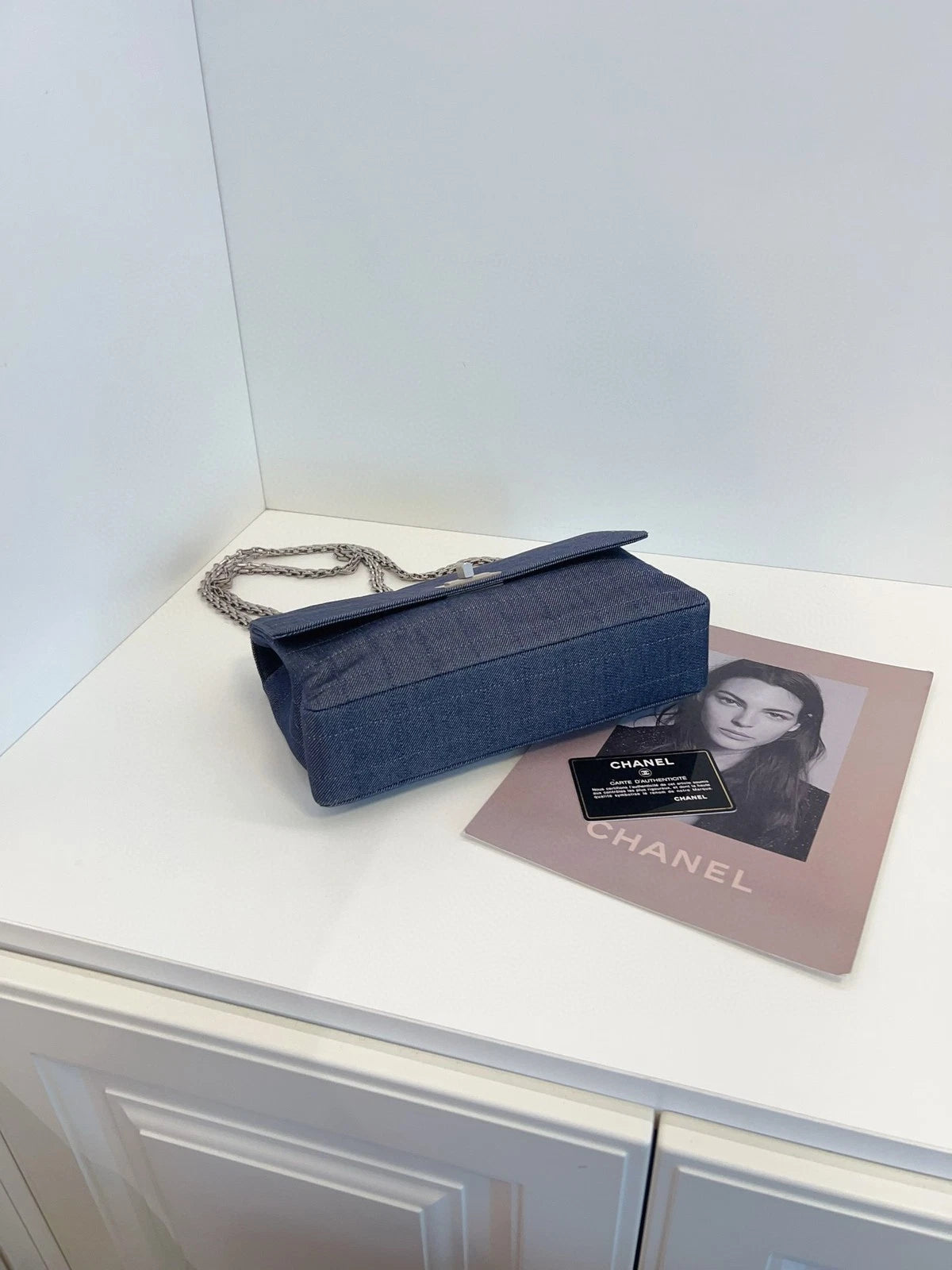 CHANEL Grey-blue Denim 2.55 Flap Chain Shoulder Bag For Women