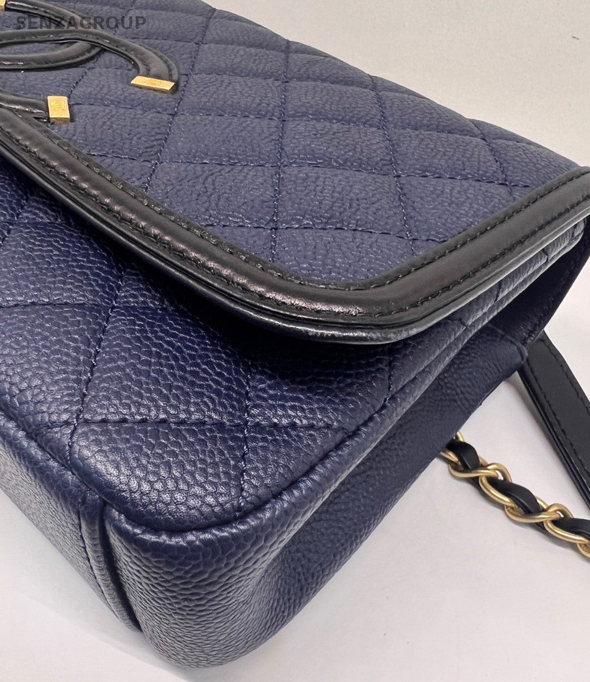 Chanel Vanity Case Filigree MM Calfskin Chain Shoulder Bag Crossbody Bule Women