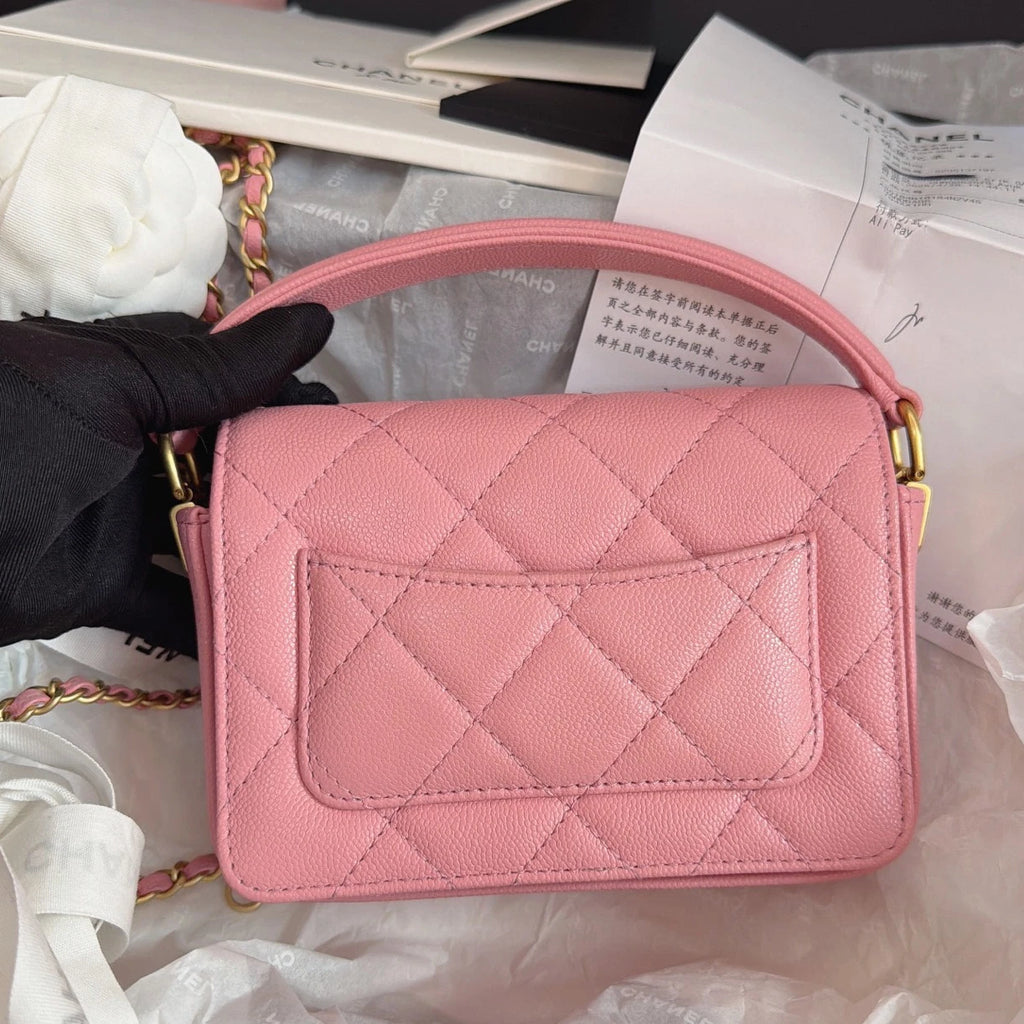 Chanel Classic Flap Chain Top Handle Crossbody Pink Gold Women Fashion Diamond