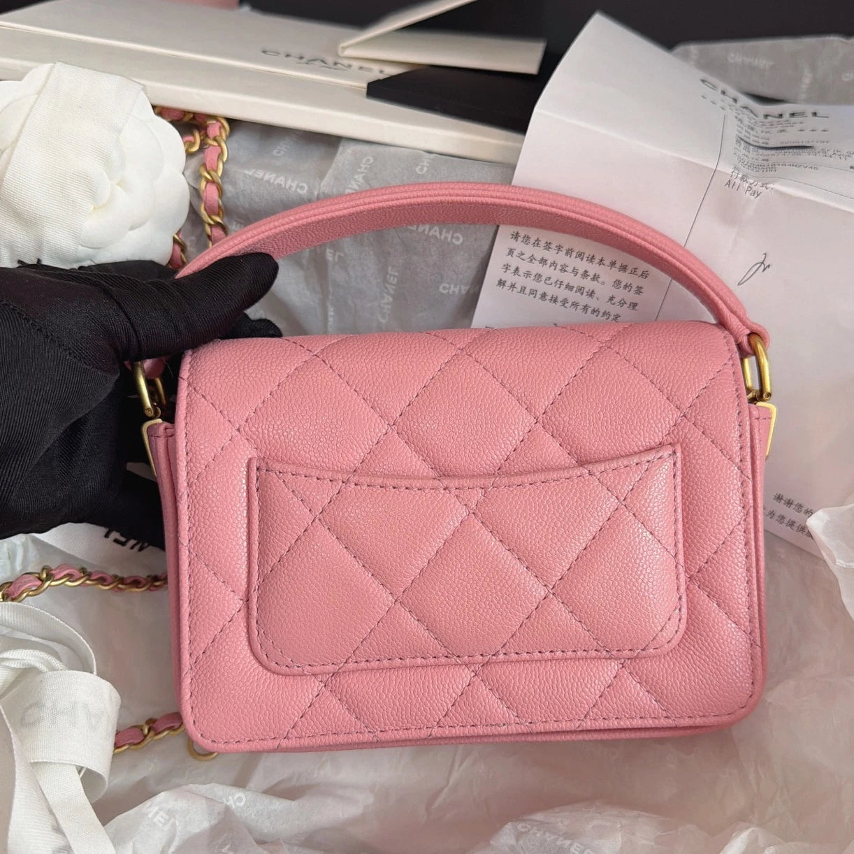 Chanel Classic Flap Chain Top Handle Crossbody Pink Gold Women Fashion Diamond