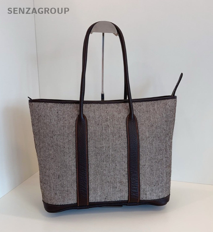 Hermes Garden Tote Long Handle Strap Canvas Sholder bag Wool leather patchwork