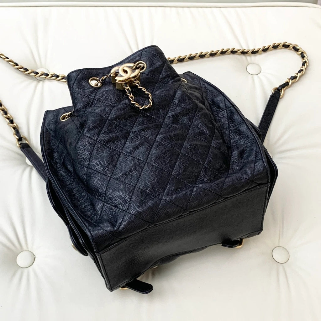 Chanel Calfskin Backpack PM Diamond Chain Top Handle Bag Black Gold Women S