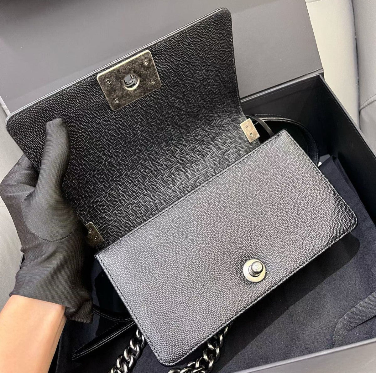 Chanel Leboy PM Chain Shoulder Bag Crossbody Black Silver Diamond Classic Women
