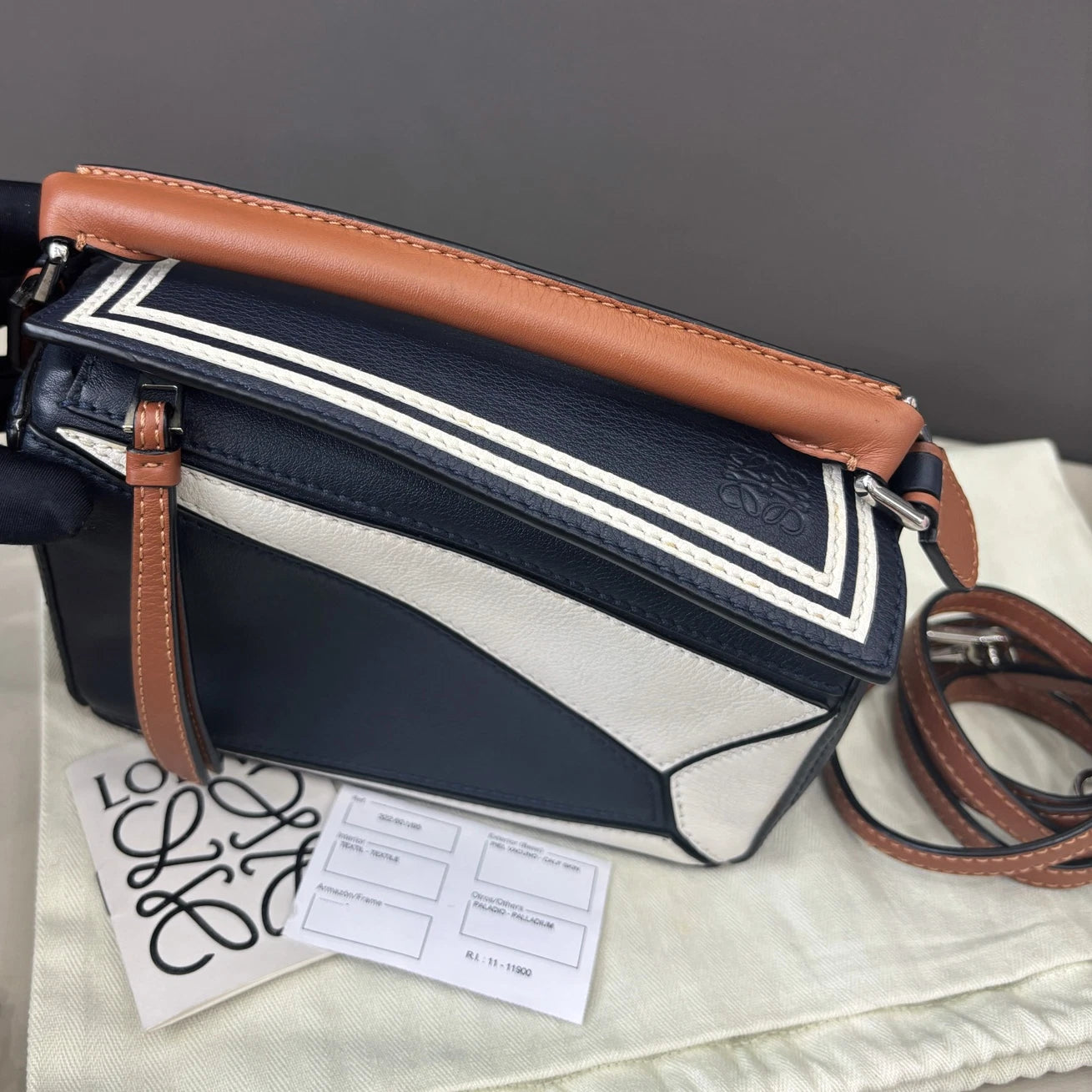 Loewe Puzzle Mini Top Handle Shoulder Crossbody Bag Navy Brown Women