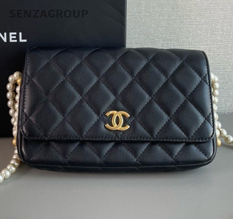 Chanel WOC Pearl Chain Shoulder Bag Crossbody Black Gold Women Designer Classic